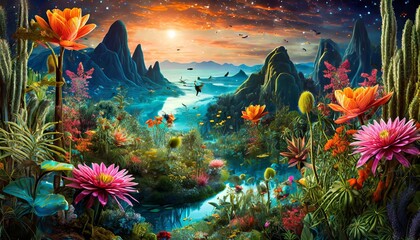 Obraz na płótnie Canvas Generated image of an otherworldly landscape featuring fantastical flora and fauna, inspired by surrealism 