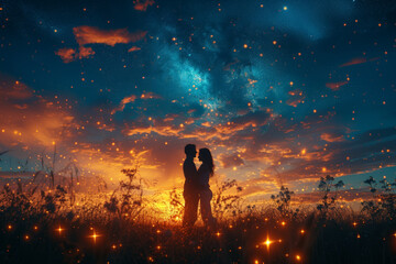 A couple dancing under the starry sky during a lively outdoor music festival. Concept of romantic bliss. Generative Ai.