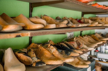 Array of Wooden Shoe Lasts in an Austrian Shoemaker's Workshop