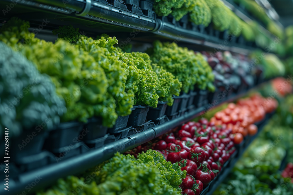 Poster engineers developing vertical farming systems, utilizing space-efficient designs and hydroponics to 
