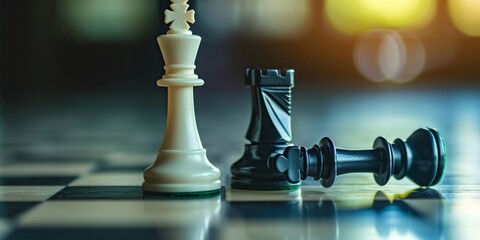 Black and white chess pieces on a checkered floor with blurred background in strategic game concept