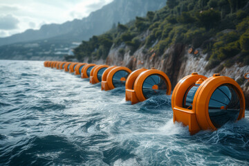Designers of tidal energy converters, harnessing the power of ocean tides to generate electricity with minimal environmental impact. Concept of sustainable marine energy. Generative Ai. - obrazy, fototapety, plakaty