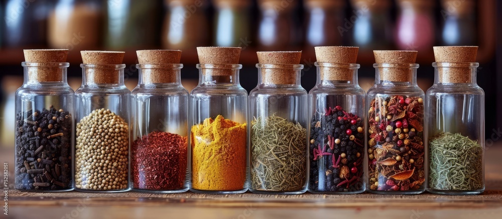 Poster variety of spices in different shaped bottles on display in a row on rustic wooden background