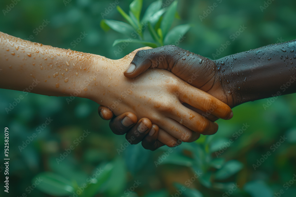 Poster two hands of different ethnicities shaking hands, representing effective communication and understan
