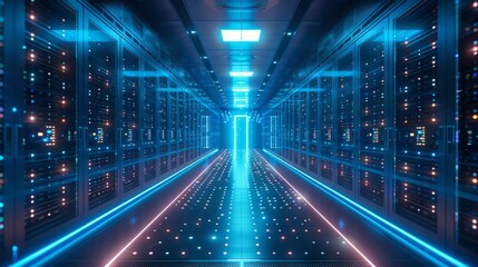 The interior of a large modern server room in a futuristic neon light. Cloud data storage or data center