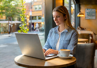 Smiling young woman in casual clothes sitting in a cafe working at a laptop computer.
- 752582058