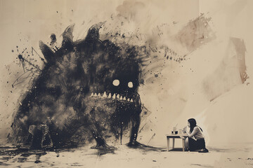 Collage image of big painted monster eating mini black white effect unsatisfied depressed girl isolated on beige background - obrazy, fototapety, plakaty