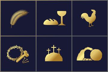 Easter christian holiday golden icon set. Icons concept for Good Friday or Easter Sunday posters, flyers or web stories. Vector illustration
