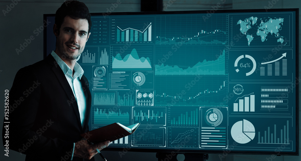 Poster data analysis for business and finance concept. interface showing future computer technology of prof