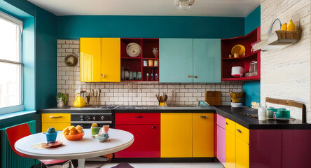 modern multi-colored interior with furniture in pop art style, bright colored accessories