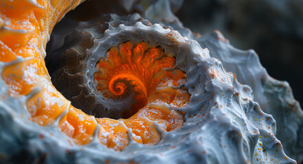 A seashell with a spiral pattern, showcasing intricate textures in orange and grey hues