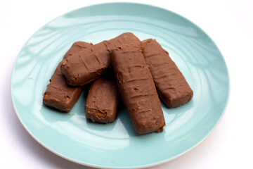 Chocolate biscuit bar on plate