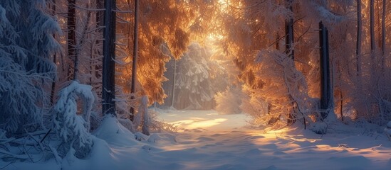 Scenic snowy path through enchanting forest with radiant sun shining through lush trees