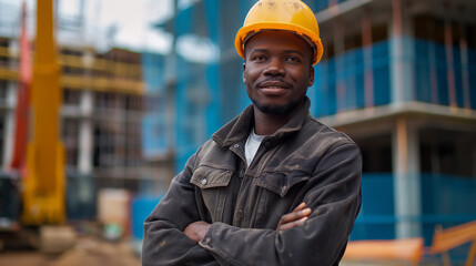 Portrait of African-American construction worker with helmet standing with crossed arms in front of building site. Generative AI - 752583201