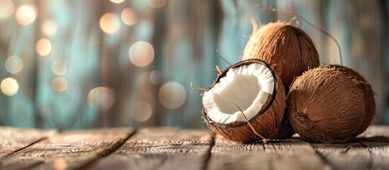Two coconuts sit atop a weathered wooden table, showcasing their natural freshness and exotic appeal. The brown, hairy shells contrast with the smooth surface of the table, creating a simple yet - obrazy, fototapety, plakaty