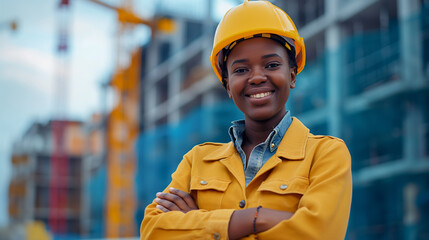 Portrait of African-American woman construction engineer with helmet standing with crossed arms in front of building site. Generative AI - 752583221