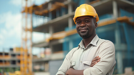 Portrait of African-American construction engineer with helmet standing with crossed arms in front of building site. Generative AI - 752583239