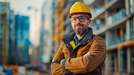 Portrait of construction engineer with helmet standing with crossed arms in front of building site. Generative AI - 752583261