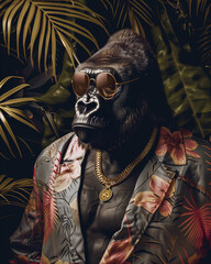 An anthropomorphic gorilla wearing high fashion clothing, aviator sunglasses and gold chain jewelry, in front of tropical leaves.