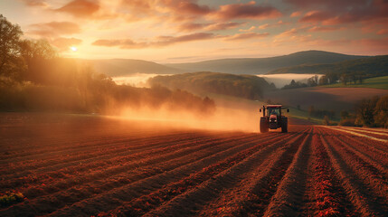 Tractor working in field at sunset, hoeing soil, agricultural works. Generative AI - 752583281