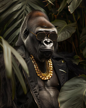 An anthropomorphic ape wearing high fashion clothing, aviator sunglasses and gold chain jewelry, in front of tropical leaves.