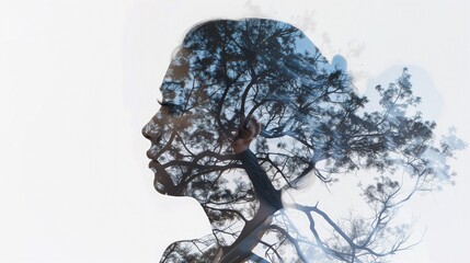 Kobieta stojąca z tłem drzew widoczna w podwójnej ekspozycji, tworząc artystyczne połączenie natury i człowieka.