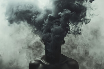 Illustration of man vanishing in a dark black smoke, surreal emotional concept