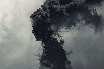 Naklejka premium Illustration of man vanishing in a dark black smoke, surreal emotional concept