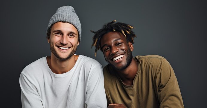 A high-quality image of two diverse young men, one in a stylish beanie, smiling and making eye contact with the camera against a solid background. Suitable for creative projects.