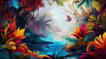 Na obrazie przedstawiony jest gęsty tropikalny las pełen abstrakcyjnych tęczowych kwiatów, które rozmieszczone są prawie wszędzie, tworząc malowniczy krajobraz.
