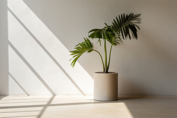 Beige interior. Tropical houseplant on wooden floor in front of a window. Shadows and lights