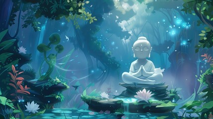 Posąg Buddy siedzi w centrum lasu wypełnionym magiczną energią, emanując spokojem i skupieniem.