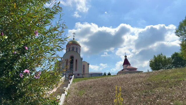 VARVAROVKA, RUSSIA - August 15, 2023: The Church of Varvara the Great Martyr in the village of Varvarovka, a suburb of Anapa, Krasnodar Territory. 4K