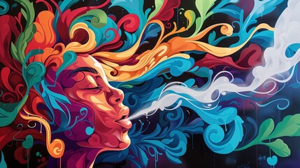 Obraz przedstawia twarz kobiety z różnobarwnymi włosami w stylu graffiti, która wypuszcza z buzi biały dym, emanującą spokojem i urodą.