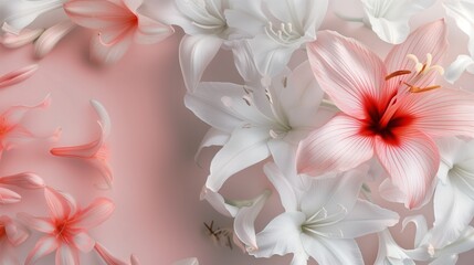 Kwiaty w kolorze różowym i białym na jasnoróżowym tle. Obraz przedstawia kwiaty w różnych odcieniach różu i bieli rozmieszczone na tle w kolorze różu. - obrazy, fototapety, plakaty