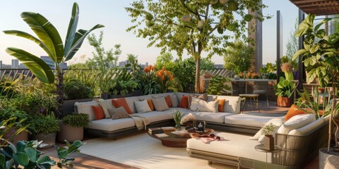 Casa moderna con plantas tropicales, terraza exterior con zona chill out y plantas