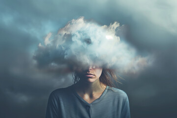 woman with cloud over his head depicting solitude and depression, abstract concept of loneliness and anxiety, isolated on gray background