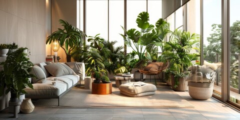Salón con plantas tropicales estilo chic boho, comedor moderno con planta monstera y luz natural
