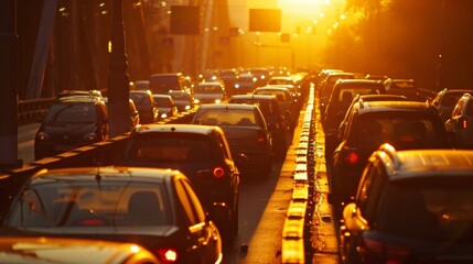 Sunlit view of a congested bridge during early morning rush hour, showcasing rows of cars in a...