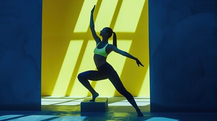 Kobieta rozciąga się na stojąco w pozycji jogi, stojąca na podeście jedną nogą w pomieszczeniu z żółto-niebieskim tłem i padającą sylwetką ramy okna.