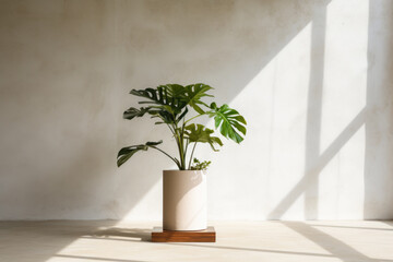 Monstera background. Houseplant in flowerpot, shadow by window, adding greenery indoors