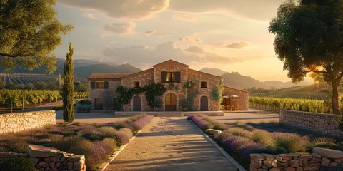 Photo sur Plexiglas Vignoble Majestic villa surrounded by lush vineyards and lavender fields during a tranquil sunset.