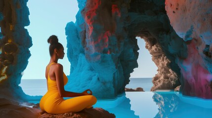 Kobieta ubrana w żółty bodysuit siedzi na skale obok ciała wody. Wygląda na skupioną i zanurzoną w praktyce mindfulness. - obrazy, fototapety, plakaty