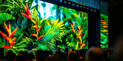 Multitud de gente sentada enfrente de una gran pantalla en un evento de tecnología y naturaleza,, conferencia de negocios con audiencia sentada delante de una gran pantalla - obrazy, fototapety, plakaty