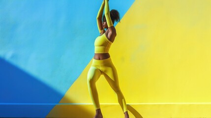 Kobieta w żółtym staniku do biegania i legginsach stoi przed żółto niebieską ścianą z ukośną linią w świetle dziennego oświatła słońca - obrazy, fototapety, plakaty