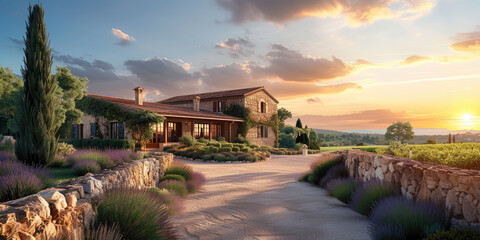 Majestic villa surrounded by lush vineyards and lavender fields during a tranquil sunset.