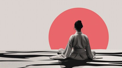 Kobieta siedzi na ziemi w pozycji medytacyjnej, skoncentrowana na chwili uważności, patrząc na czerwone słońce na niebie. - obrazy, fototapety, plakaty