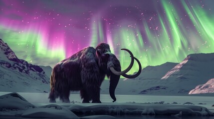 mammoth walking on the snow in winter with purple and green northern lights in the sky on background. 