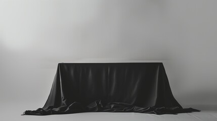 Czarna tkanina obrusowa leży na stole, na białym tle ściany i podłogi, tworząc kontrastowy...