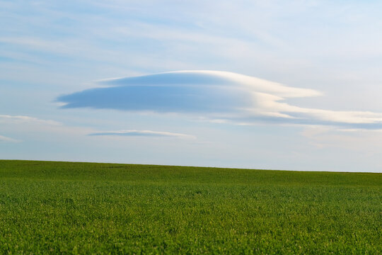 Serene green field under a blue sky with unique cloud
